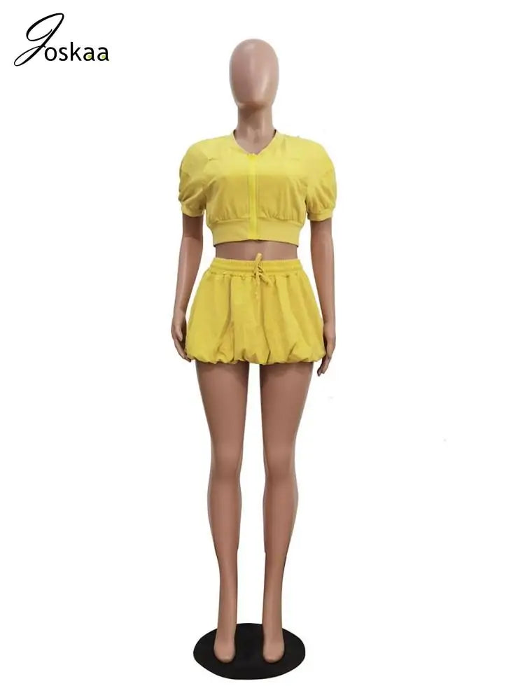 Joskaa Elegant 2 Piece Sets Women Hipster Sexy Short Sleeve Zip Crop Jackets and Lantern Skirt Matching 2025 Summer Streetwear