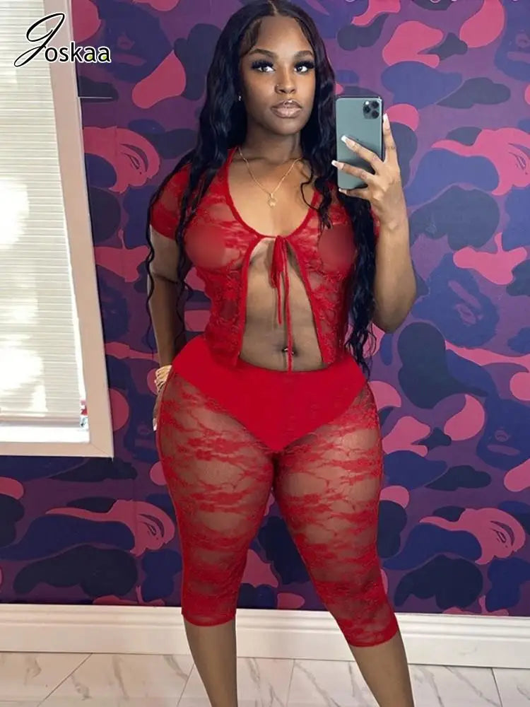 Joskaa 2025 Summer Women's Sexy Lace Two Piece Set Print Hollow Short Sleeve Crop Top+Knee-Length Shorts Matching Y2K Streetwear