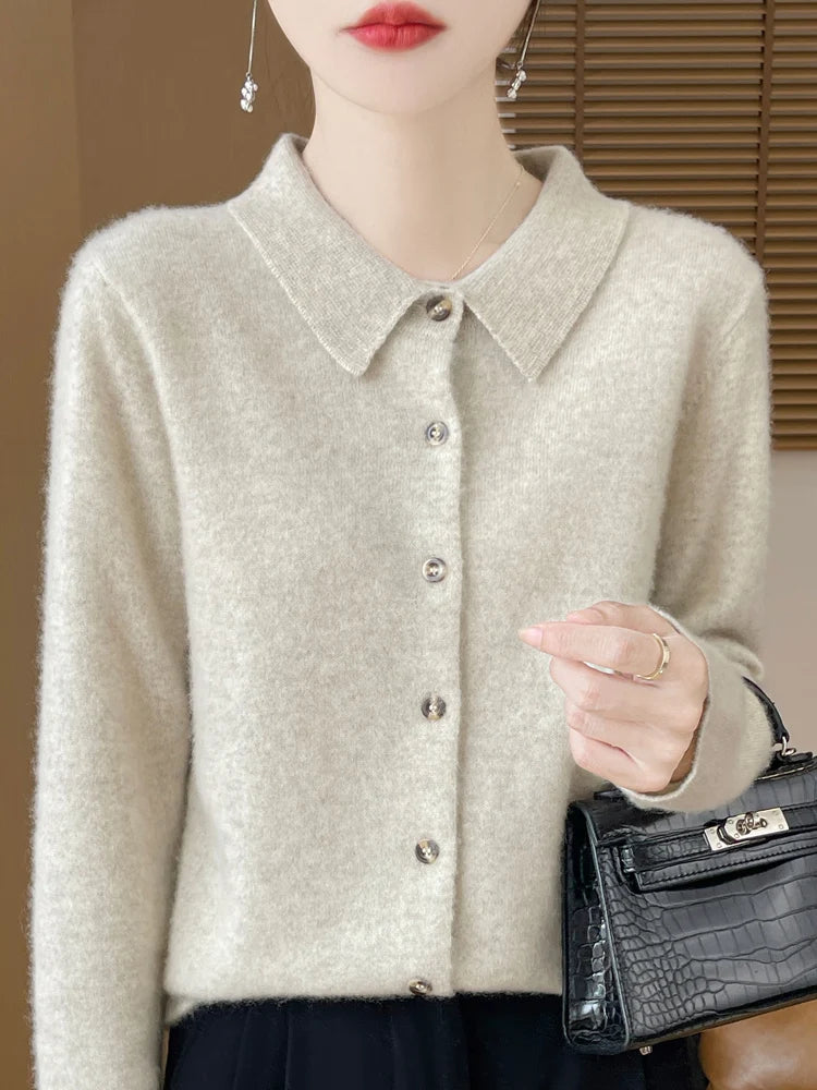 Chic Women's POLO Collar Thick Soft Warm Knitted Cardigan 100% Merino Wool New Arrivals Simple Button Solid Color Sweater Tops