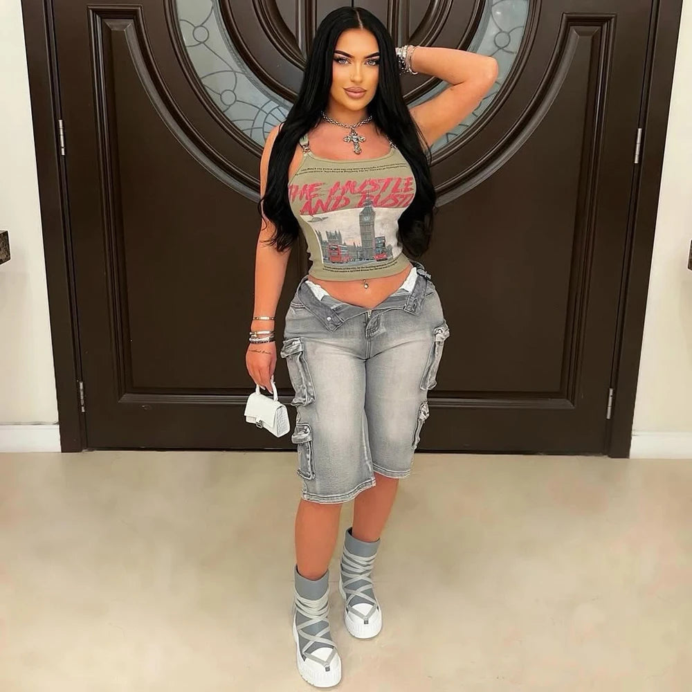 2025 New Summer Women Denim Short Pants Straight Midi Casual Multi Pockets Knee Length Vintage Washed Cargo Feminino Jean Shorts