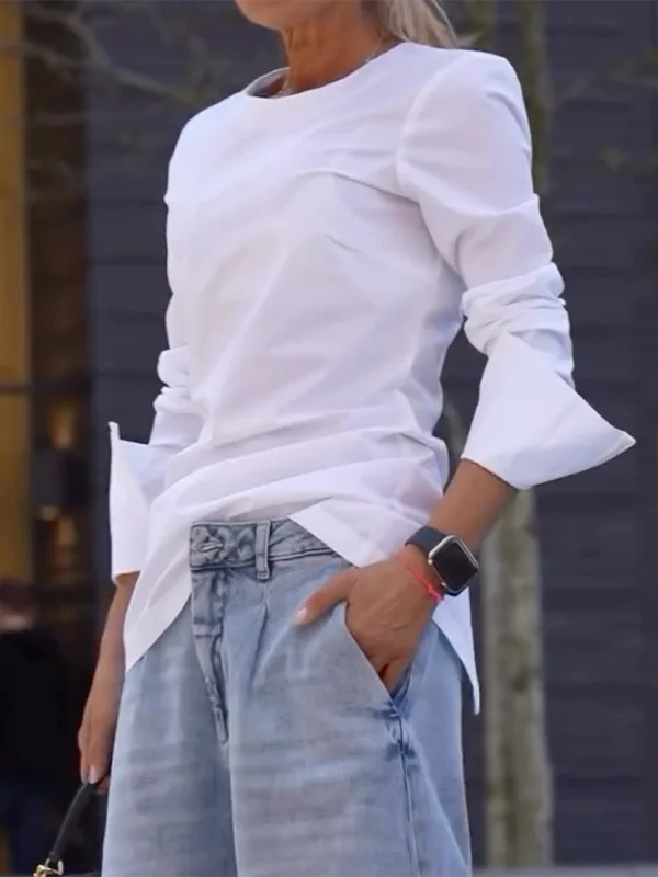 Krisstarsgirl 2025 New Casual T-shirts Blouse for Women Autumn Spring Long Sleeves Simple Cotton White Shits Tops for Woman