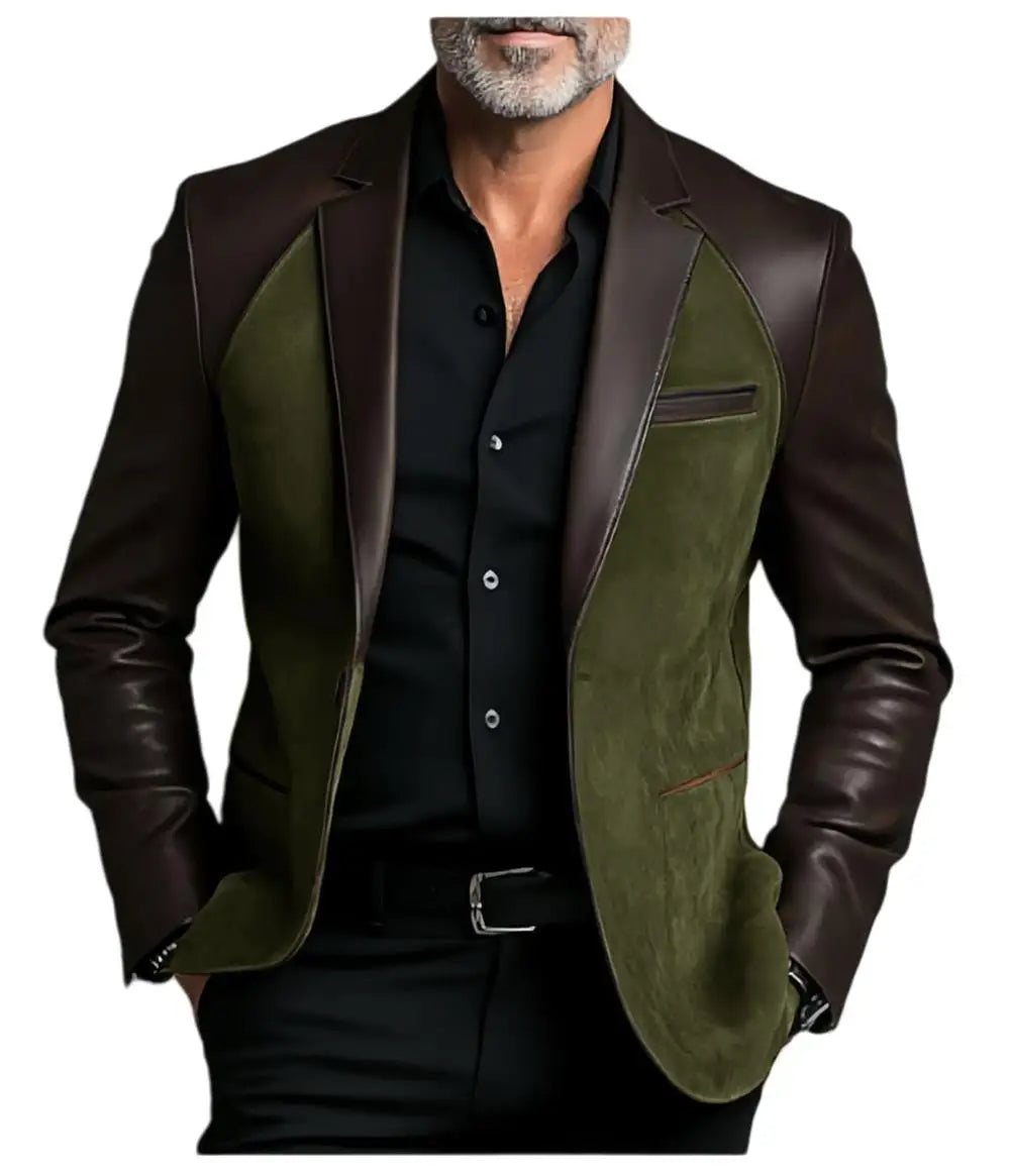 2025 NEW Leather Patchwork Velvet Men's Jacket Fashionable retro casual Brown Blazers man plus size custom suit Leather Coat