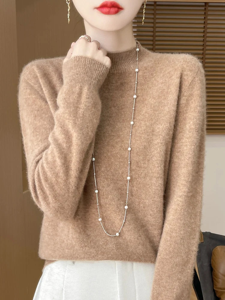 Women's Elegant Basic Style Pullover 100% Merino Wool Knitwear Autumn Winter Warm Solid Casual Loose Exquisite Clothing Tops