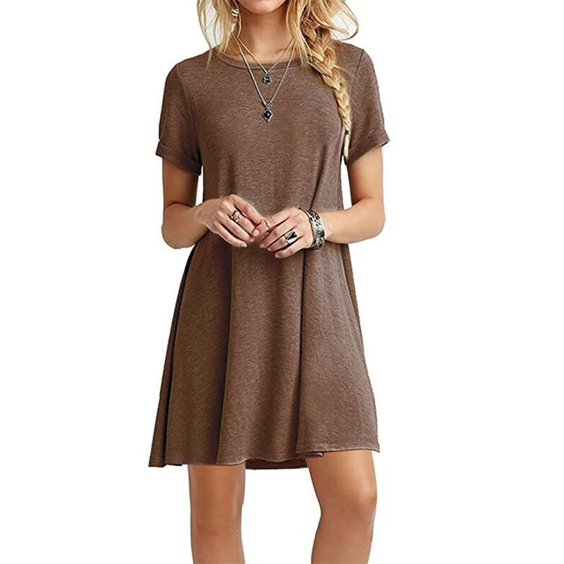Summer Women Dresses Round Neck T Shirt Dress Slim Knee-length Short Sleeve Dress Casual Printed Skirts