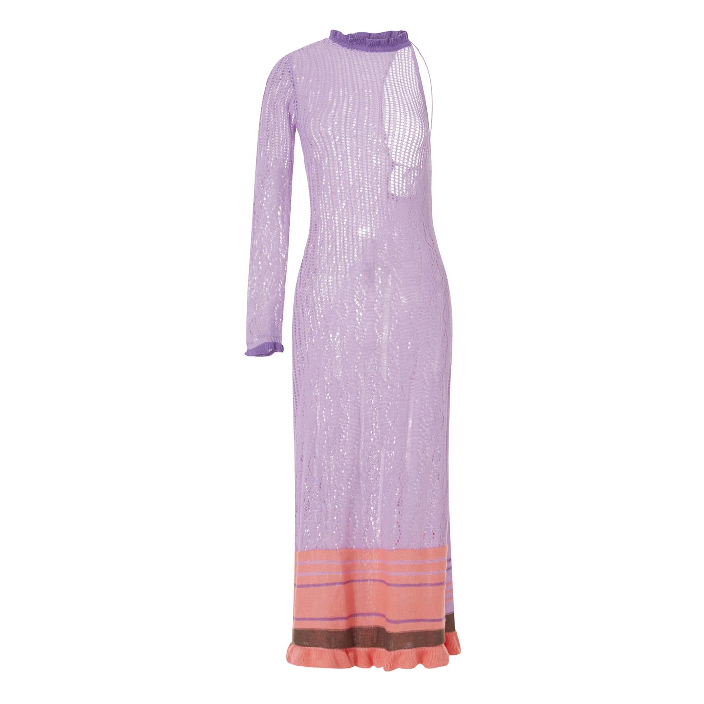 Contrast Color Hollow-Out Knit Beach Long Dress 2023 Summer See-Through One-Shoulder Long Sleeve Halter Tie-up Cover-Ups Dress