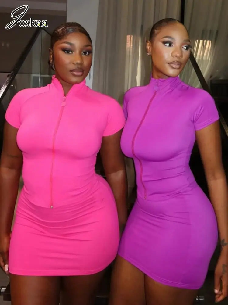 Joskaa Sporty Yoga 2 Piece Sets Women Casual Short Sleeve Zip Crop Tops and Mini Skirt Matching 2025 Summer Fitness Tracksuits