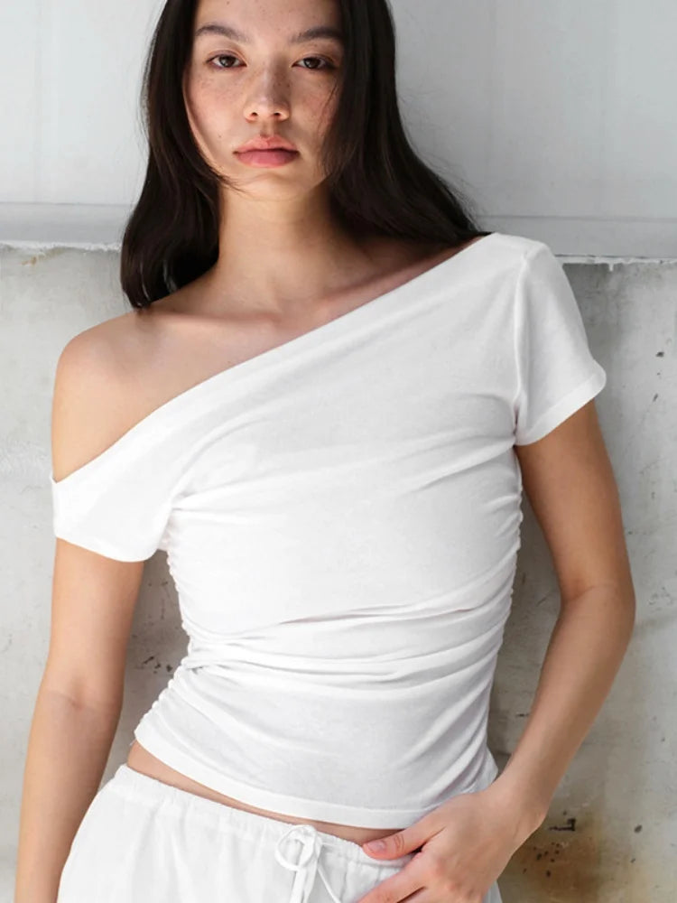 Summer Fashion Sexy Solid Colours Women Clothing Casual Short Sleeve Slash Neck Shirts For Women One Shoulder Streetwear Y2k Top