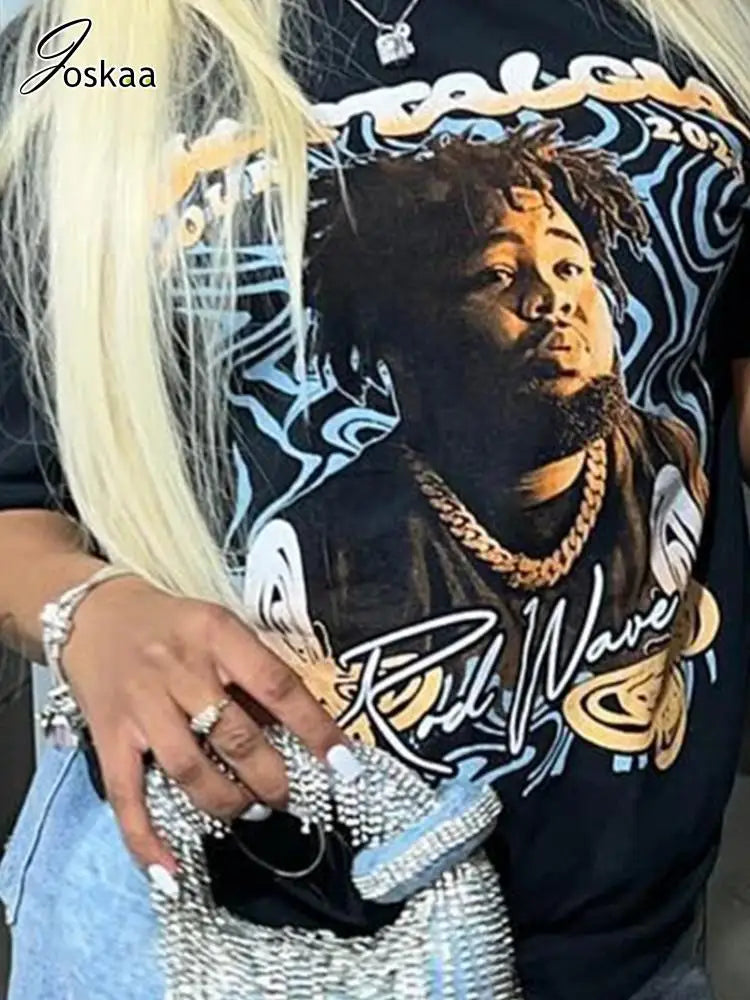 Joskaa Portrait Printing Y2K T Shirts Women Hipster O-Neck Short Sleeve Black Tops 2025 Summer Graphic Tees Harajuku Streetwear