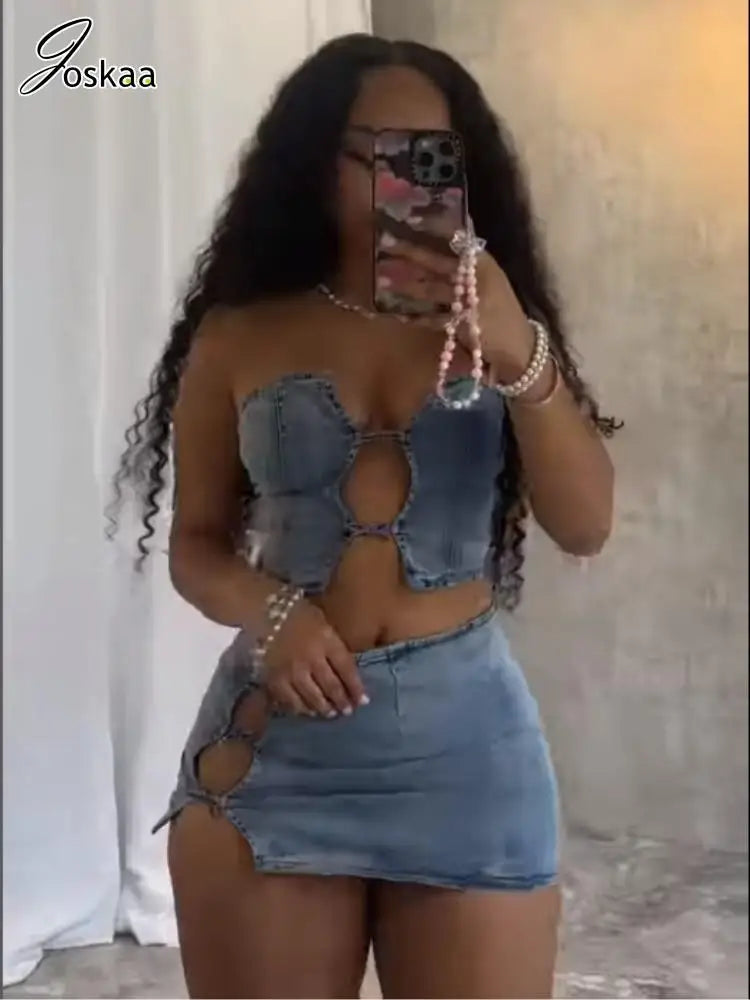 Joskaa Stretch Denim 2 Piece Sets Women Sexy Cutout Tube Tops and Split Mini Hip Skirts Matching Streetwear Party Club Outfits