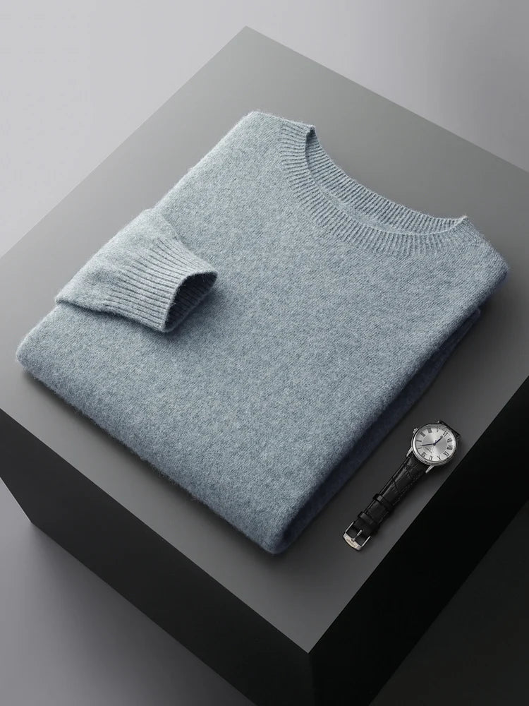 Basic Men's Seamless Wool Pullover Sweater Autumn Winter O-neck Solid 100% Merino Wool Knitwear Casual Simple Man Clothes Tops