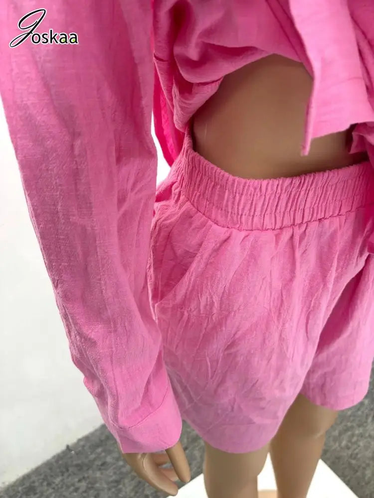 Joskaa 2025 Summer Women Beach Style 2 Piece Sets Casual Lapel Full Sleeve Button Shirt Tops+Shorts Matching Holiday Streetwear