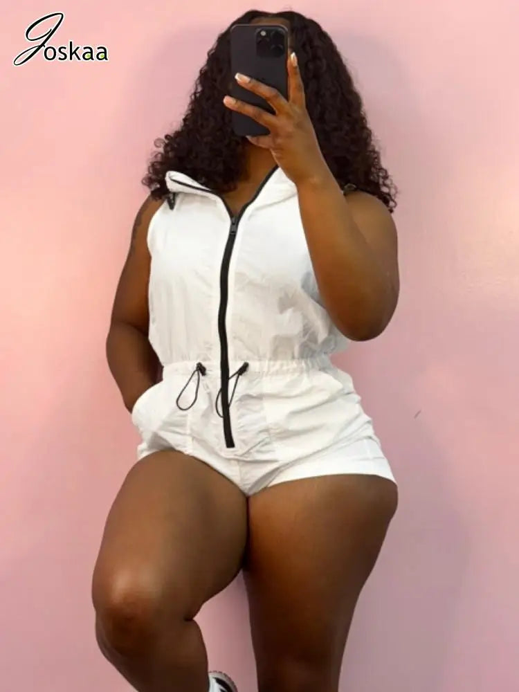 Joskaa 2025 Summer Women's Zip Hooded Sleeveless Rompers Casual Drawstring Waist Pocket Playsuits Holiday Streetwear S-XXL
