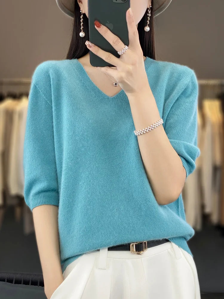 Women V-Neck 100% Merino Wool Cashmere T-shirt Half-Sleeve Pullover Sweater Spring Summer Knitwear Soft Fashion Comfortable Tops