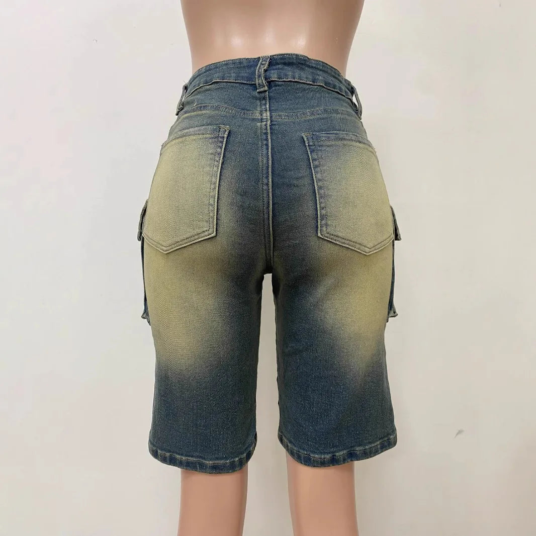 Denim Pant Women Short Jeans Shorts Pants Slim Mom Jeans High Waist Straight Trousers Y2k Streetwear Splice Pockets Casual Punk