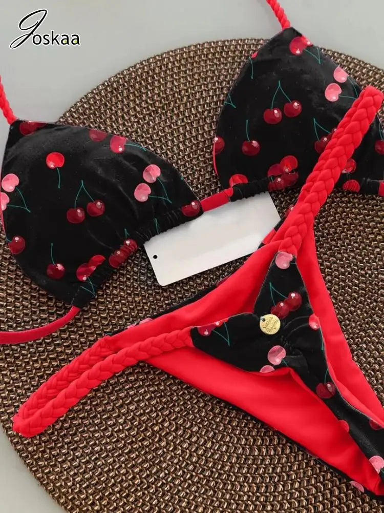 Joskaa 2025 Summer Print 2 Piece Bikini Sets Women Swimwear Sexy String Bra+Briefs Matching Bathing Suits Vacation Beachwear
