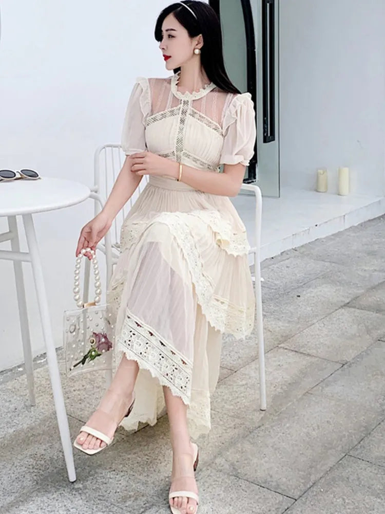 SMTHMA 2025 New Arrival Beige Lace Long Dress High Qulity Luxury Design Runway Dress Short Sleeve Ruffle Summer Dresses Vestidos