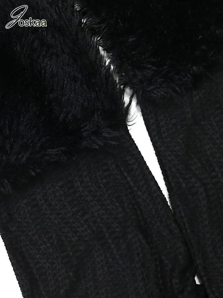 Joskaa Faux Fur Black 2Piece Sets Womens Outfits Sexy Off Shoulder Full Sleeve Crop Tops and Pants Matching 2025 Party Clubwear