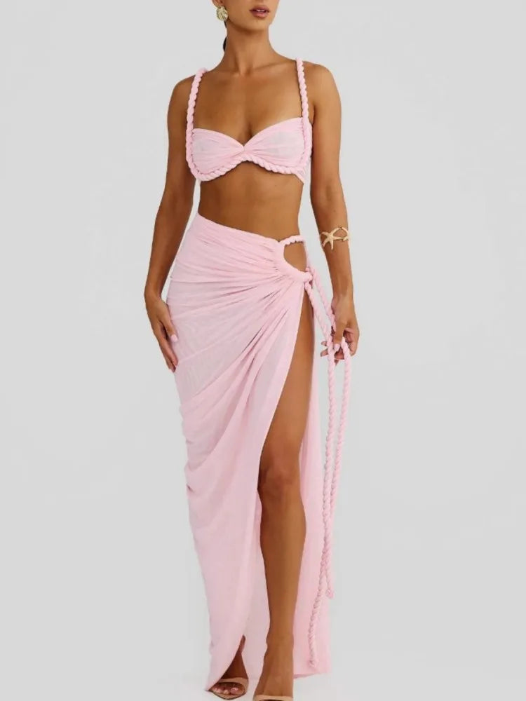 Joskaa 2025 Summer Women's Beach Style Two Piece Set Sexy Pleated Crop Camis and High Slit Maxi Skirt Matching Vacation Outfits