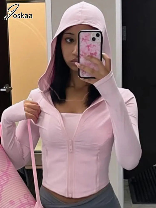 Joskaa Casual Solid Sports Fitness Running Hoodie Women Long Sleeve Zip Yoga Sweatshirts Winter Fashion T-Shirts Tops Streetwear