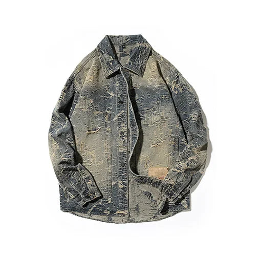 American High Street Denim Sets Men's Jacquard Ragged Loose Casual Plus Size Retro Washed Denim Shirt Style Jacket Jeans Pants
