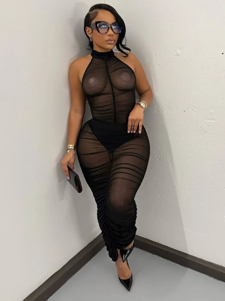 Joskaa Black Mesh See Through 2 Piece Sets Women Sexy Sleeveless Bodysuit+Pleated Maxi Skirt Mathching 2025 Midnight Clubwear