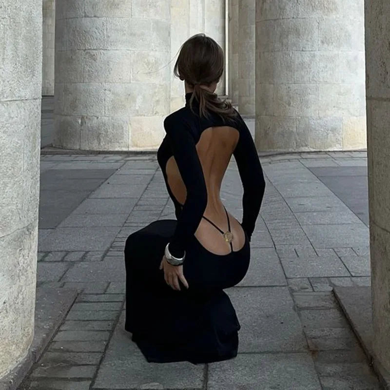 Cryptographic Fashion Bandage Sexy Backless Long Sleeve Dress Outfits Club Party Fall Bodycon Maxi Dresses Birthday Clothes