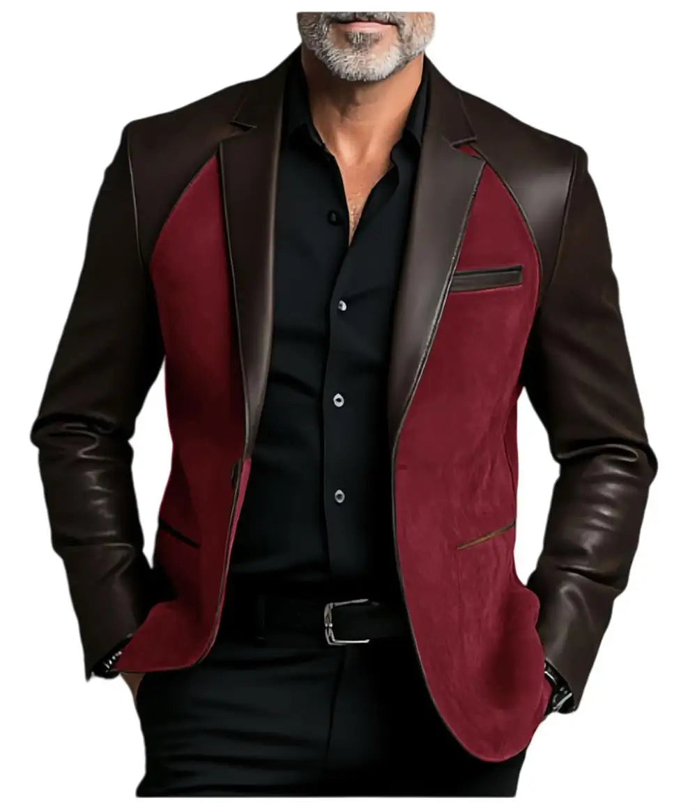 2025 NEW Leather Patchwork Velvet Men's Jacket Fashionable retro casual Brown Blazers man plus size custom suit Leather Coat