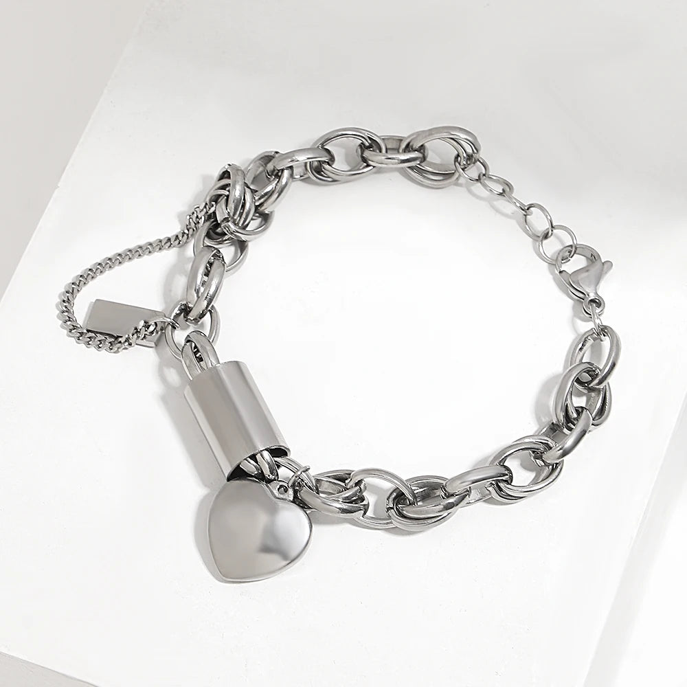 DZ Gold Color Thick Chain Stainless Steel Bracelets for Women Fashion Design Heart Love Pendant Wrist Jewelry
