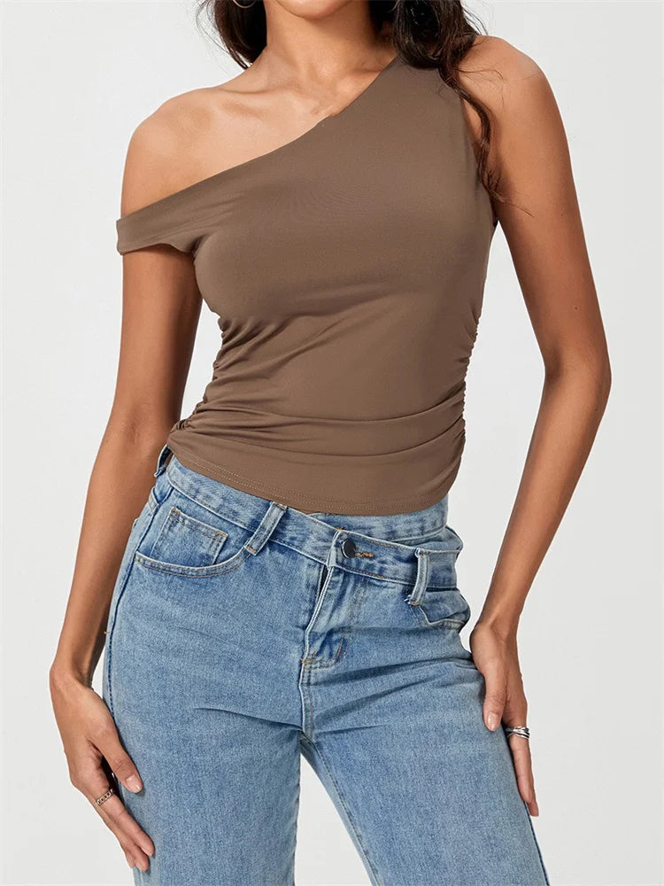 CHRONSTYLE Sexy Women Tank Crop Tops Slim Fit Off Shoulder Sleeveless Solid Color Summer Party Ruched Mini Vest Streetwear 2024