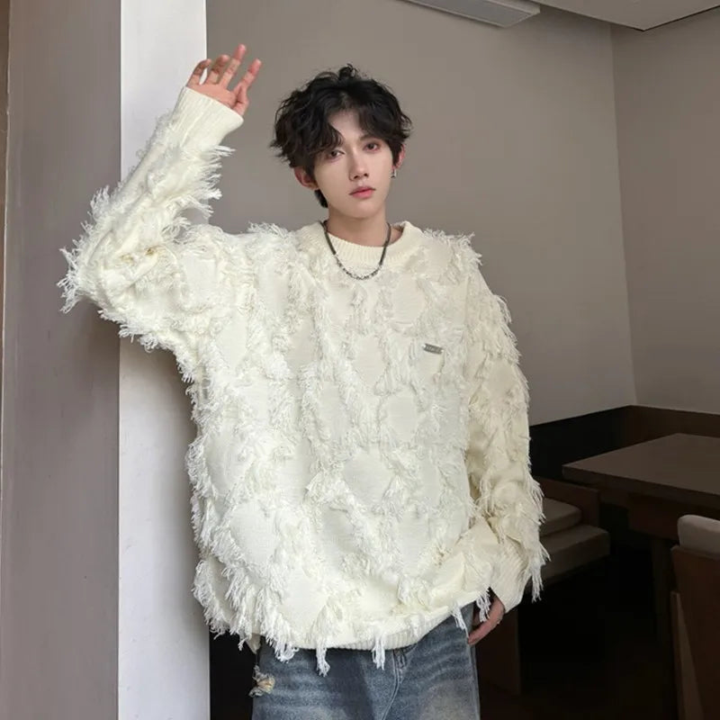Streetwear Sweater Men Stylish New Retro Hole Fringed Sweater Loose Versatile Knitwear Pullovers Long Sleeve Jumpers Clothing