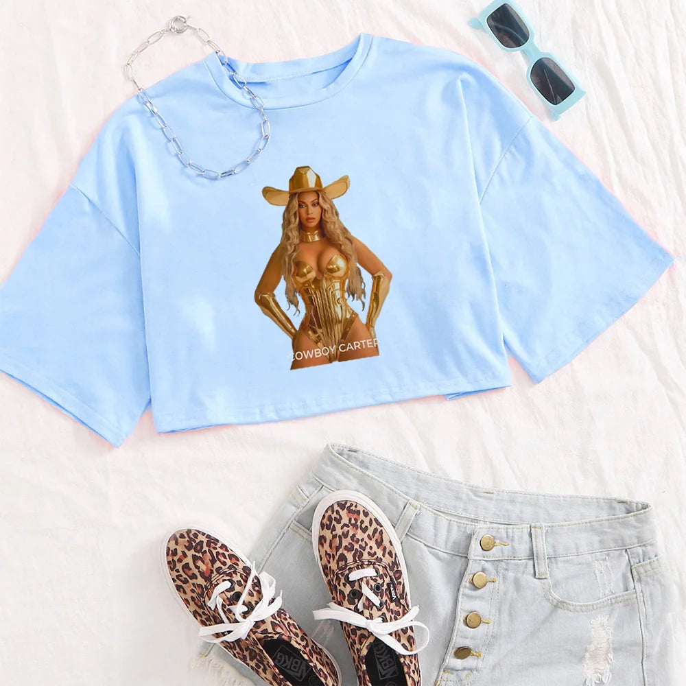 Beyonce Cowboy Carter Act Shirt for Girls Fashion O-Neck Casual Women Y2K Crop Top