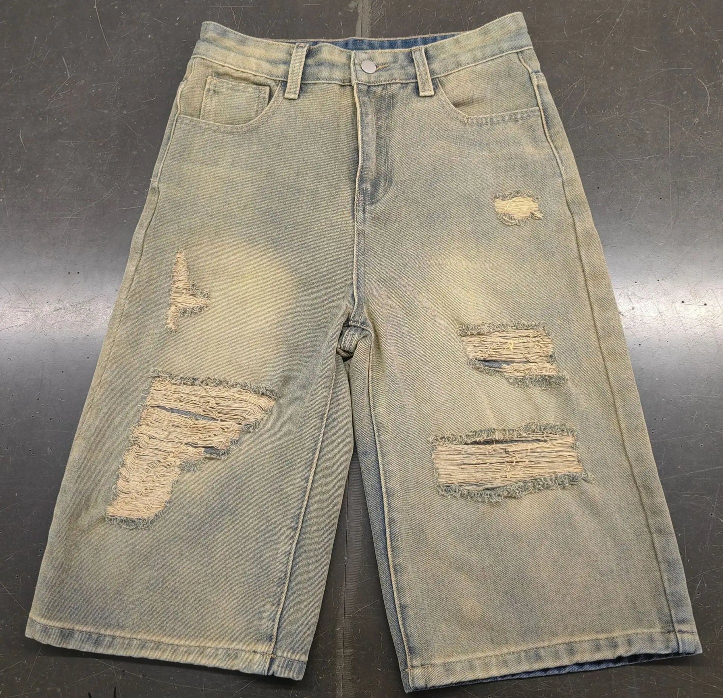 FAGADOER Retro Casual Denim Straight-Leg Shorts Women Old Hole Patchwork Loose Cowboy Jeans Female Streetwear Bottoms 2025 New