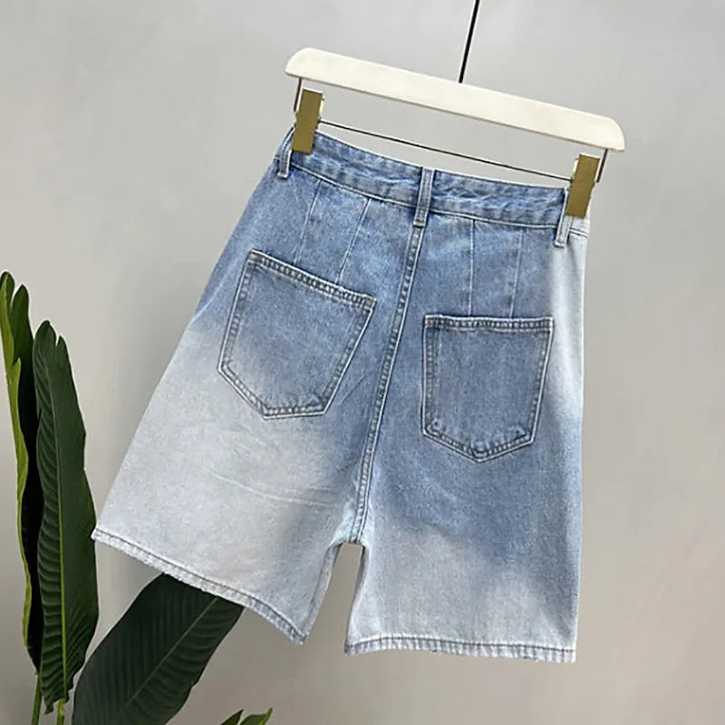 Gradient Design Denim Shorts Women Summer New High Waist Diagonal Buckle Loose Short Jeans Fashion Niche Straight Cowgirl Shorts