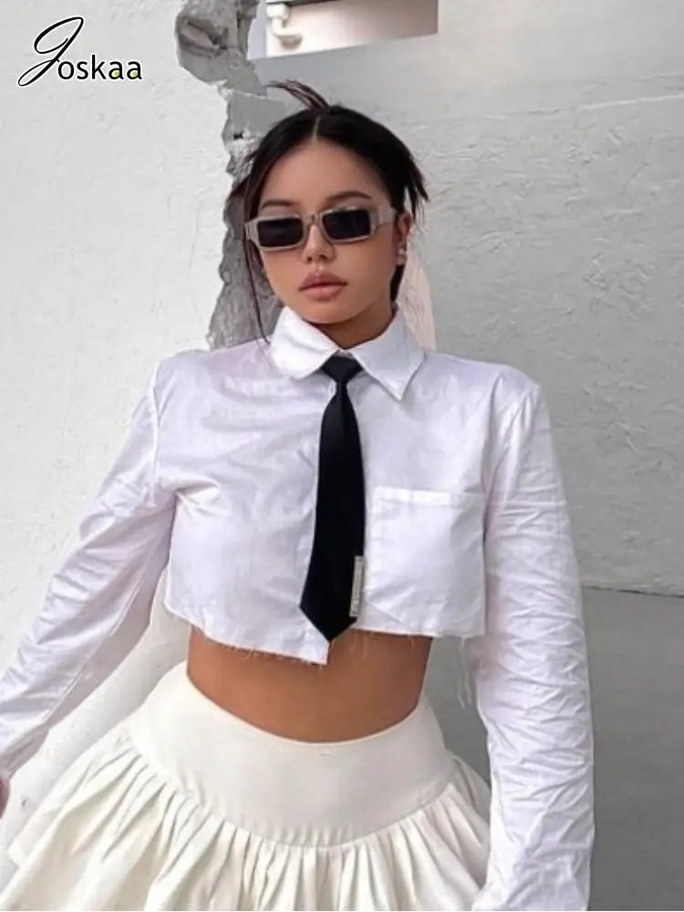 Joskaa Unique Irregular Shirts Women Hipster Sexy Lapel Long Sleeve Single Breasted Crop Tops Female Blouses Harajuku Sreetwear