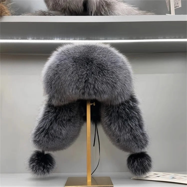 Ms.MinShu Unisex Winter Adjustable Earflap Genuine Black Fox Fur Hat with Sheep leather