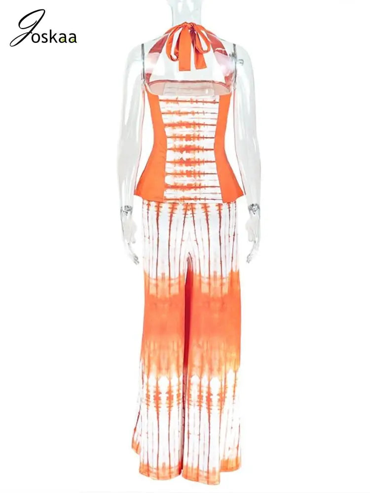 Joskaa Aesthetic Print 2 Piece Sets Women Hipster Halter Tank Tops and Wide Leg Pants Matching 2025 Summer Holiday Beachwear