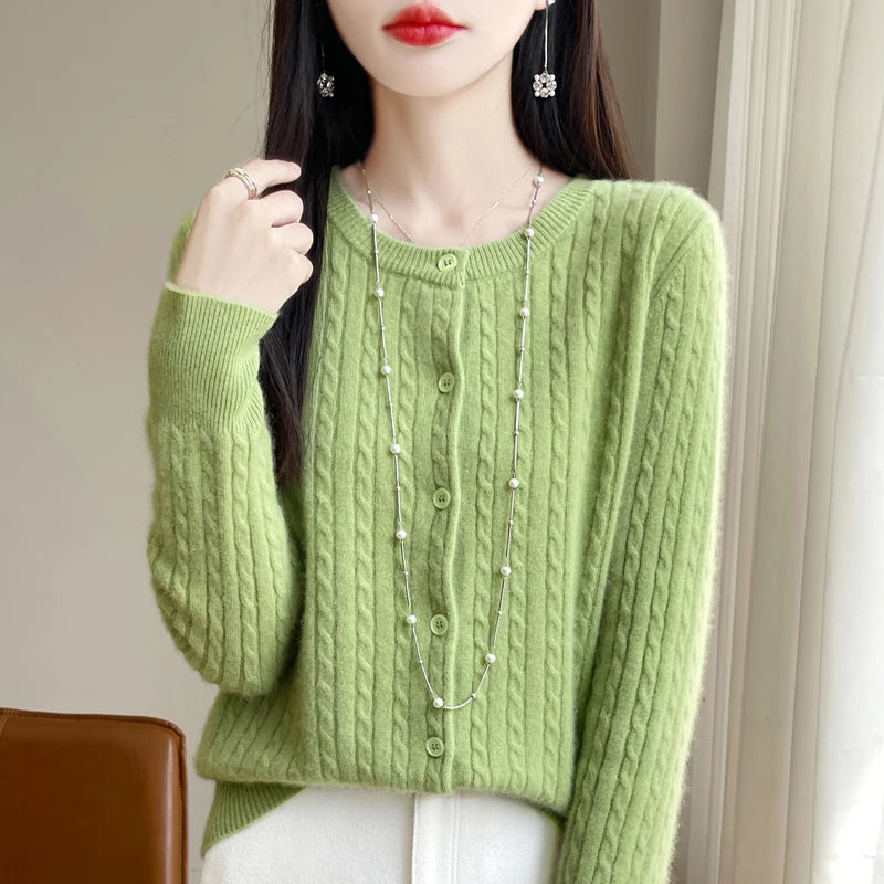 Autumn Winter O-neck Women 100% Merino Wool Sweater New Casual Cable Knitted Cardigan Tops Woman Cashmere Sweater
