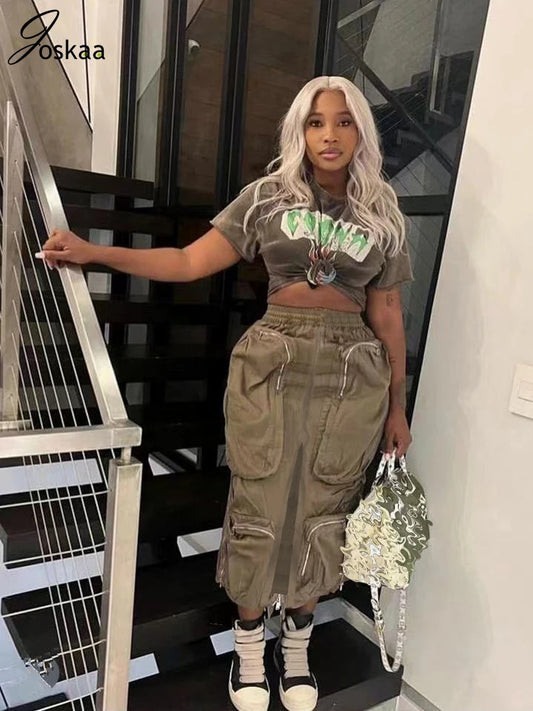 Joskaa Harajuku Cargo Skirt Women Casual Zipper Loose High Waist Long Y2k Skirt Autumn Sumemr 2023 Female Bottom Korean