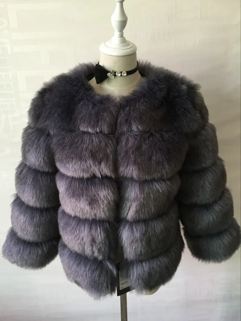Faux Fur Women Coats Solid Round Neck Full Sleeve Coat Thick Warm Fox Short Open Stitch Elegant Splice Autumn Winter 2024