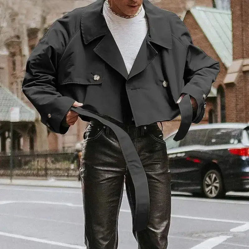 Men's Streetwear Jackets Solid Color Lapel Long Sleeve Loose Male Crop Coats Fashion Casual Retro Popular Jackets With Belt