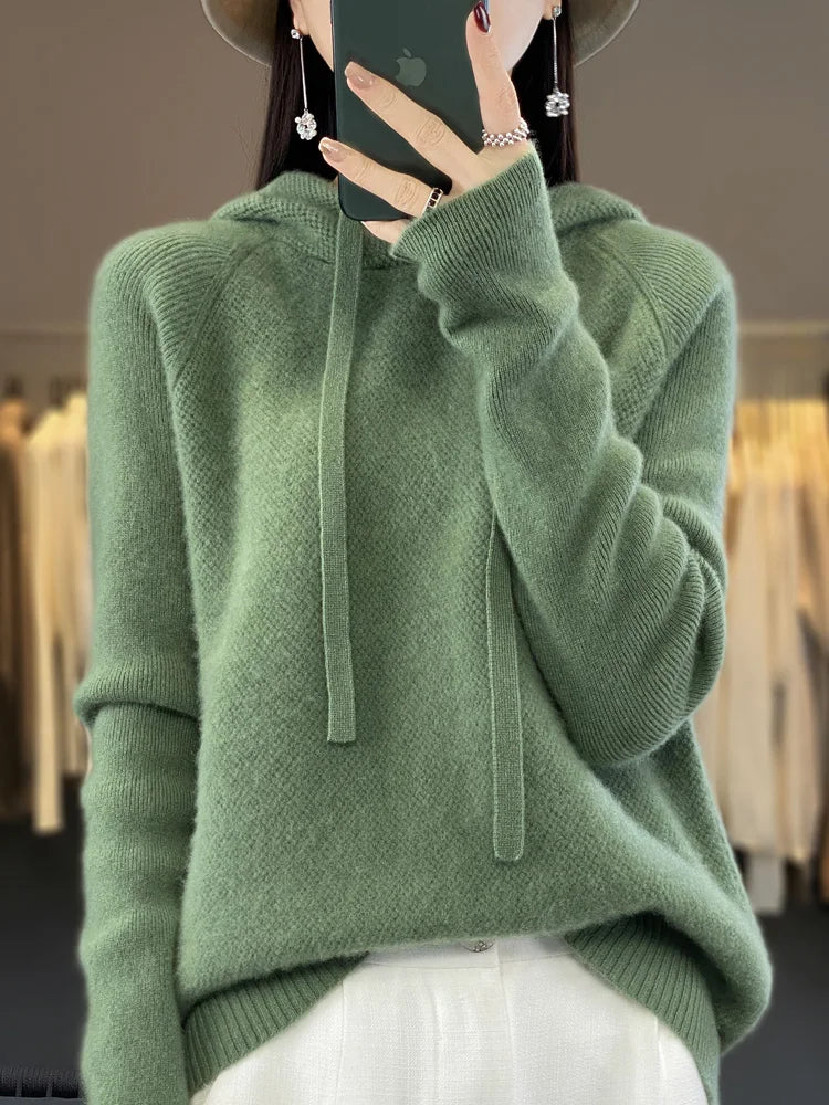 Autumn Winter Women's Cashmere Hooded Pullover Thick Sweater Raglan Sleeve 100% Merino Wool Knitwear Warm Casual Comfortable Top