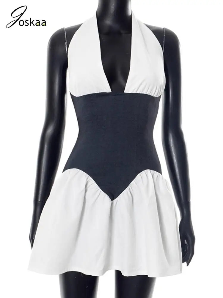Joskaa 2025 Summer Women's Color Block Halter A-Line Mini Dress Sexy V-Neck Backless Skinny Vestidos Holiday Party Clubwear