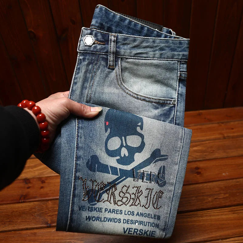 Light luxury fashion men's clothing summer thin jeans men's slim fit small feet elastic trend printed long pants