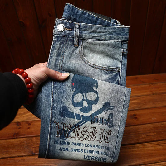 Light luxury fashion men's clothing summer thin jeans men's slim fit small feet elastic trend printed long pants