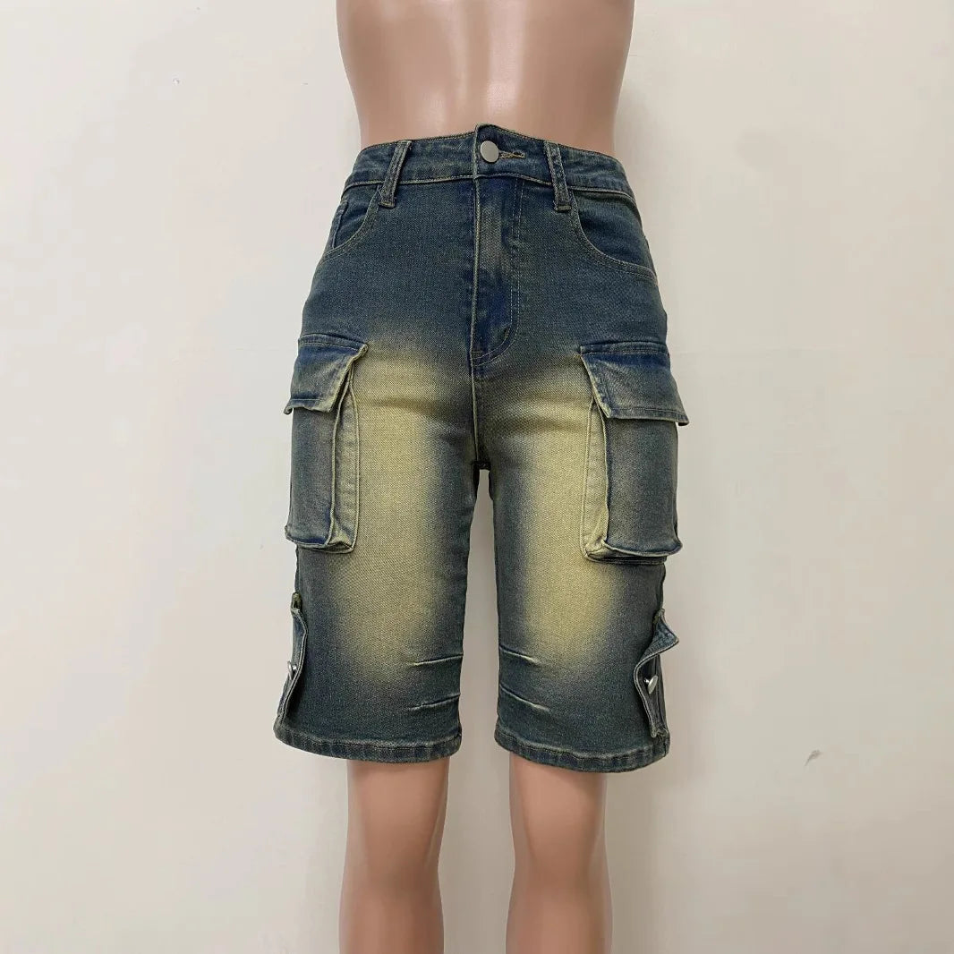 Denim Pant Women Short Jeans Shorts Pants Slim Mom Jeans High Waist Straight Trousers Y2k Streetwear Splice Pockets Casual Punk