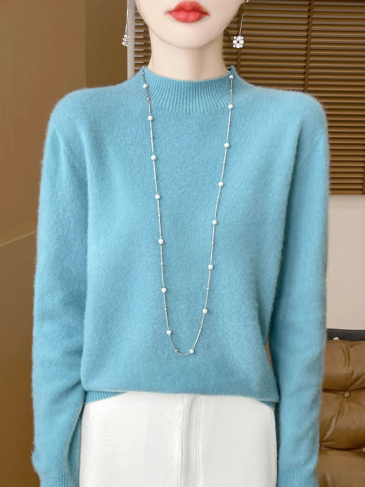 Women's Elegant Basic Style Pullover 100% Merino Wool Knitwear Autumn Winter Warm Solid Casual Loose Exquisite Clothing Tops