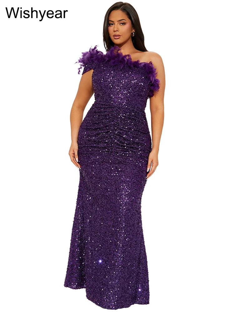 New Luxury Sequined Feather One Shoulder Sleeveless Slanted Collar Backless Purple Long Dress  Women Birthday Party Event Gowns