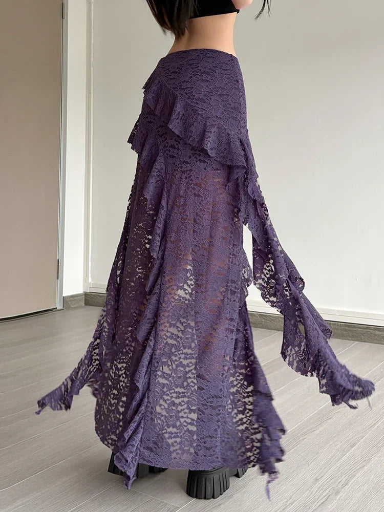 Summer Women Skirts Irregular Hem Multi-Layered Ruffles Lace Patchwork Sweet Trend Long Skirt Daily Skinny Versatile Bottoms New
