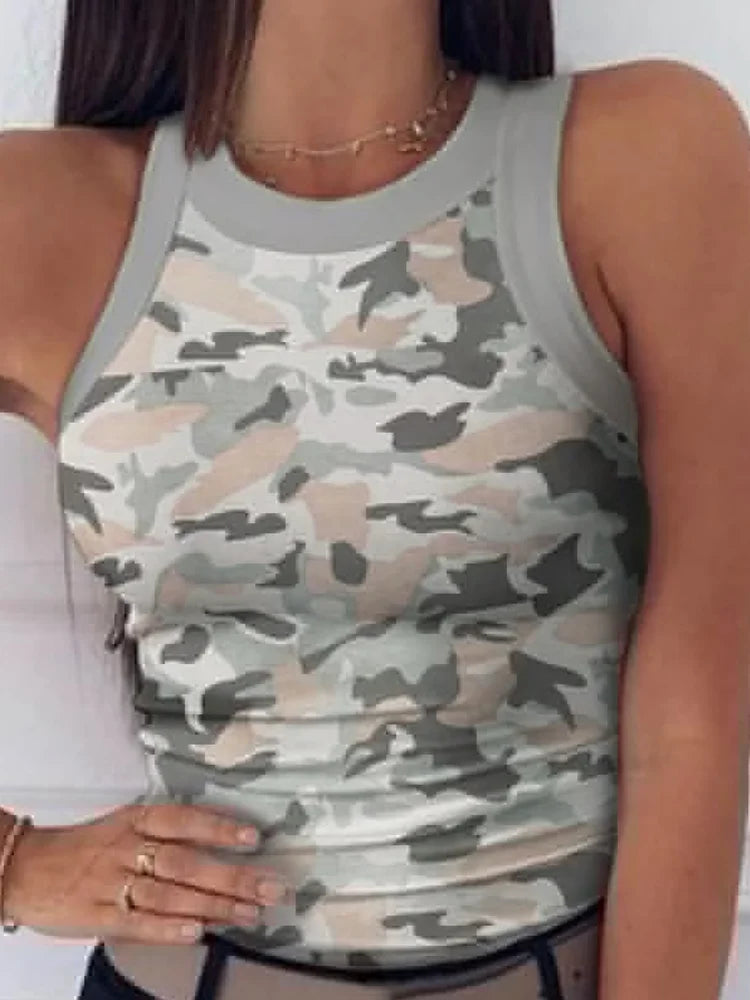 Summer Basic Elastic Tank Top Digital Printing T-shirt Women's O Neck Racerback Sexy Tank Top Stripe Print Sleeveless Tank Top