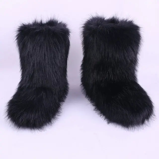 Women High Quality Fur Snow Boots One Fur Plus Velvet Thick Plus Size Snow Boots Headband Clutch Bag Imitation Fox Fur Boots Set